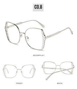 Three-angle views of large silver metal frame glasses with unique hollow mesh temple detail