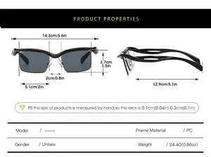Detailed size chart for unisex square semi-rimless sunglasses with frame measurements