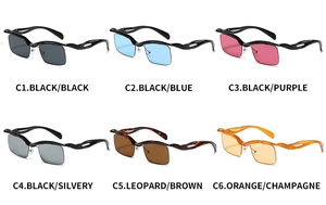 Detail view of flame-shaped semi-rimless sunglasses in six vibrant color variations