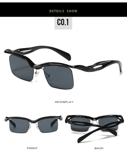 Detail showing wave-shaped hollow temples and square lenses of black sunglasses
