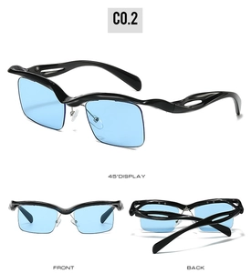 Three-view display of wavy frame sunglasses with light blue lenses and cutout temples