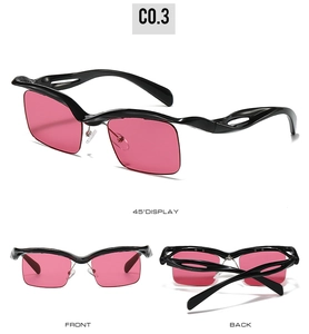 Three-view display of black rectangular sunglasses with pink lenses and wavy frame