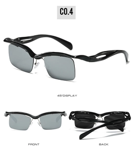 Three views of wave-design sunglasses with silver mirrored lenses and hollow-out temples