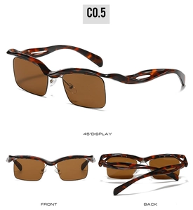 Three-angle display of tortoiseshell wavy semi-rimless sunglasses with hollow temple details
