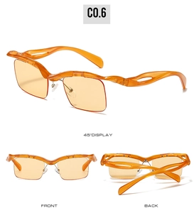 Detailed multi-angle views of orange semi-rimless sunglasses with wavy frames