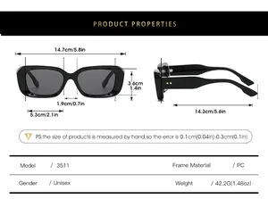 Detailed size chart for retro rectangular sunglasses with frame dimensions and specifications
