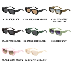 Matrix display of eight vintage square sunglasses in diverse frame colors and lenses