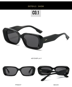 Detailed multi-angle views of black square sunglasses with metallic diamond rivets