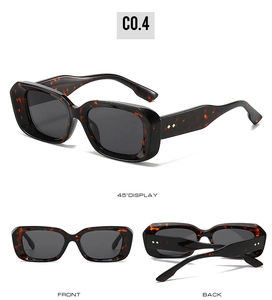Detailed views of tortoise shell rectangle sunglasses with silver metal rivets and grey lenses