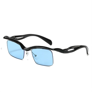 Chic irregular wavy black frame sunglasses with square blue lenses and cut-out temples