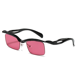 Fashionable square wave frame sunglasses with pink lenses and hollow temples