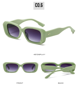 Multi-angle view of green square sunglasses with purple lenses and metal rivets