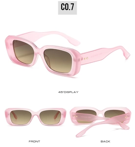 Multi-angle view of pink translucent square sunglasses with gold rivet details
