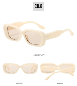Three-angle views of cream rectangle sunglasses with brown lenses and diamond rivets
