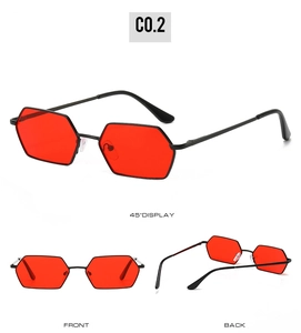 Lunettes de soleil hexagonales vintage avec verres rouges et monture en métal, vues multiples