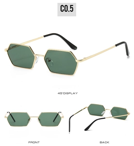 Détail de lunettes de soleil hexagonales en métal doré avec verres verts sous plusieurs angles