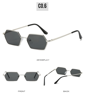 Vues détaillées des lunettes de soleil hexagonales argentées de face, de dos et de côté