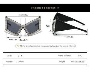Detail view of oversized cat-eye sunglasses with rhinestone trim and precise PC frame dimensions
