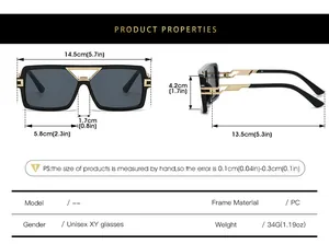 Detailed size chart for square sunglasses showing lens width and frame measurements