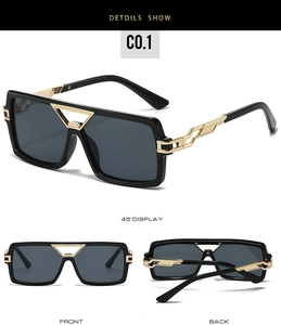 Detail views of oversized square sunglasses with gold metal geometric bridge and temples