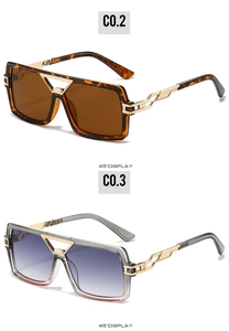 Detail view of square sunglasses featuring golden metal bridge and hollowed-out temples