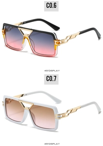 Macro detail of fashionable square sunglasses with gold metal hinges in colors C0.6 and C0.7