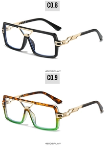 Detail view of square fashion sunglasses frames with hollow temples and gold V-shaped bridge