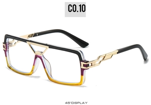 Detail view of large square gradient sunglasses with golden geometric temple design