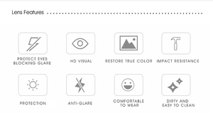 Detailed lens features chart for women polarize sunglasses showing UV protection and durability