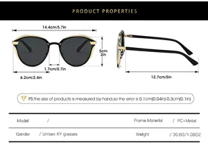 Size guide for polarized sunglasses showing 14.4cm frame width and PC metal material specs