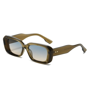 Retro rectangle sunglasses with olive green frame and blue-yellow gradient lenses