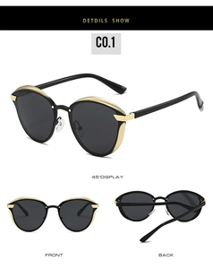 Detailed multi-angle views of black and gold polarized retro round sunglasses for women