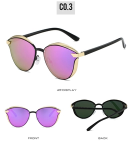 Detailed multi-angle display of vintage cat-eye sunglasses with purple mirror lenses