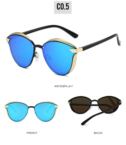 Polarized cat-eye sunglasses with blue mirrored lenses and gold metal trim detail