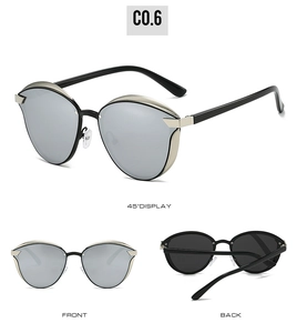 Multiple views showing polarized cat-eye sunglasses with silver reflective lenses