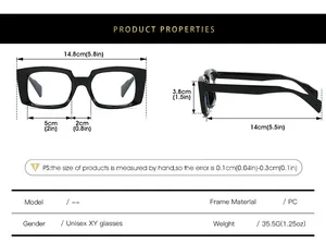 Detailed size chart for square frame blue light blocking glasses with PC frame measurements