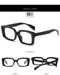 Three-view display of stylish black square anti-blue light glasses frames for men and women