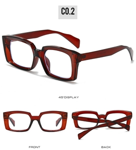 Detailed views of dark red transparent square frames from front, back, and 45-degree angles