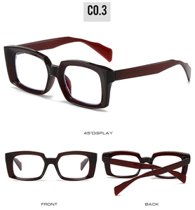 Three-view display of vintage burgundy square anti-blue light glasses frames