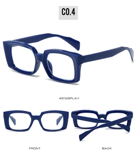 Detail view of deep blue rectangular thick-frame glasses showing front and back angles