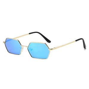 Lunettes de soleil rétro à monture carrée dorée et verres bleus pour un look chic