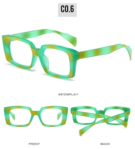Multi-angle view of vintage square eyeglasses in green and orange tortoiseshell finish