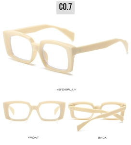 Three-view display of vintage square anti-blue light glasses frames in beige finish