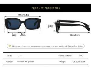 Detailed size chart for square sunglasses showing frame width and lens dimensions