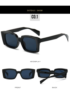 Front, back, and side views of black square sunglasses showing frame details and dark lenses