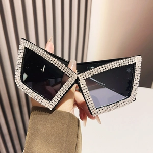 Chic oversized square cat-eye sunglasses for women with luxury crystal-studded black frame