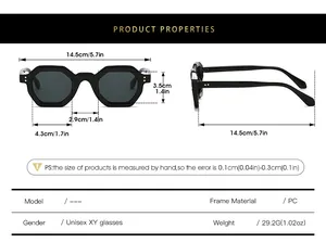 Detailed size chart for polygon sunglasses with precise frame and lens measurements