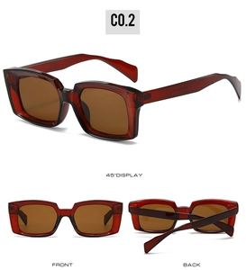 Multi-angle views of retro rectangle dark red translucent sunglasses with brown lenses