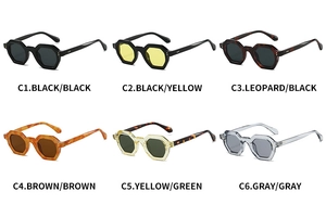 Matrix view of hexagon retro sunglasses in six color options with metal rivets