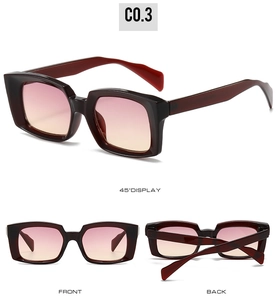Three views of square retro sunglasses with burgundy frames and gradient purple lenses